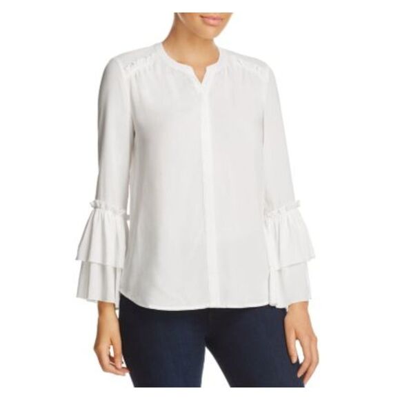 DESIGN HISTORY Tops - DESIGN HISTORY Womens Ivory Ruffled Curved Hem Bell Sleeve Split Blouse L